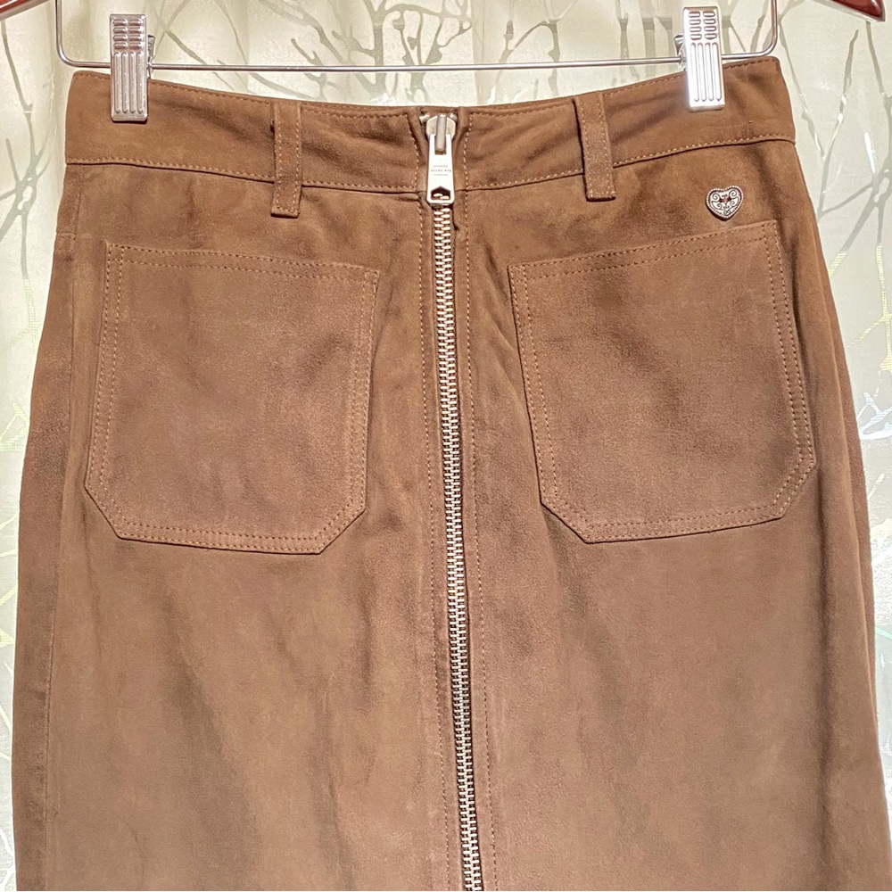 All Saints Arel brown tan suede silver front zipper zip up pockets midi skirt - Picture 6 of 16